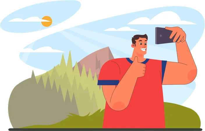 Man takes selfies on forest camp  イラスト