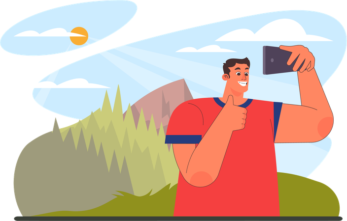 Man takes selfies on forest camp  Illustration