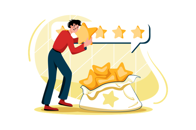 Man takes the star from the big bag to give feedback  Illustration