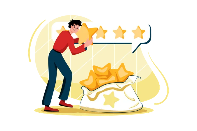 Man takes the star from the big bag to give feedback  Illustration