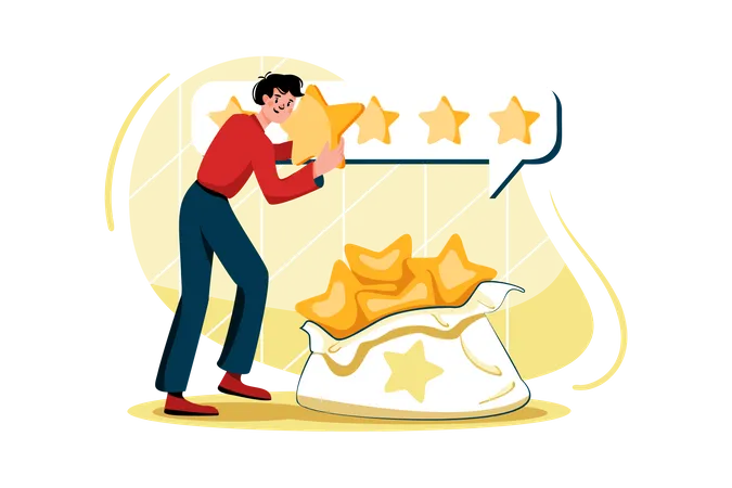 Man takes the star from the big bag to give feedback Illustration