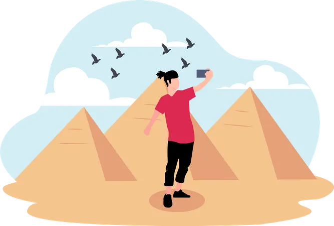 Man taking a self-portrait at the pyramids in Egypt  Illustration