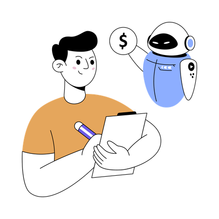 Man taking advice from robot advisor  Illustration