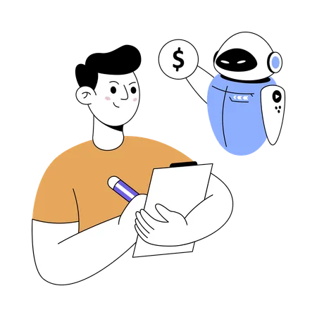 Man taking advice from robot advisor  Illustration