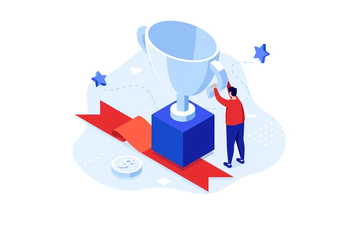 Man Taking Away Winner Cup From Podium Success Concept Isometric Vector Illustration Champion With Award Cartoon Character Colour Composition Achievement Idea For Website Mobile Presentation Illustration