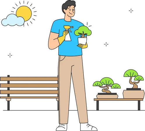 Man taking care of bonsai  Illustration