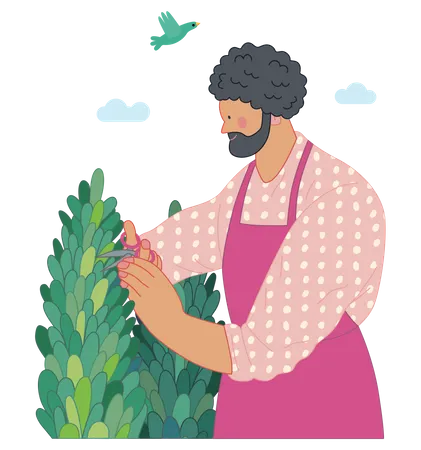Gardening People Spring Modern Flat Vector Concept Illustration Of A Young Black Man Wearing Red Apron Cutting A Bush With Scissors Spring Gardening Concept Illustration