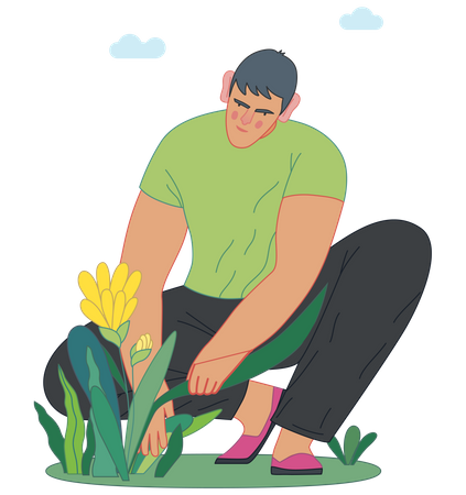 Man planting a flower. Illustration