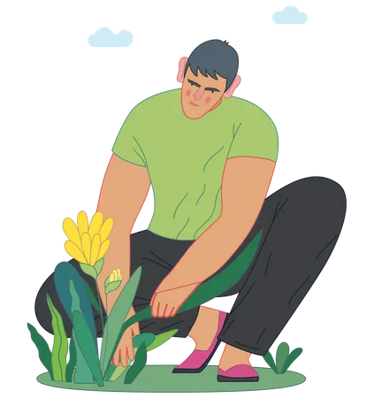Gardening People Spring Modern Flat Vector Concept Illustration Of A Young Brunette Man Sitting On The Ground In The Squatting Position Planting A Flower Spring Gardening Concept Illustration