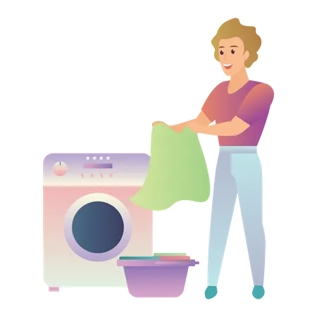 Man taking clothes out of washing machine Illustration