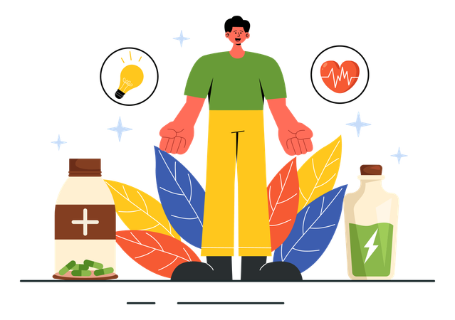 Man taking energy medicine for health benefits  Illustration