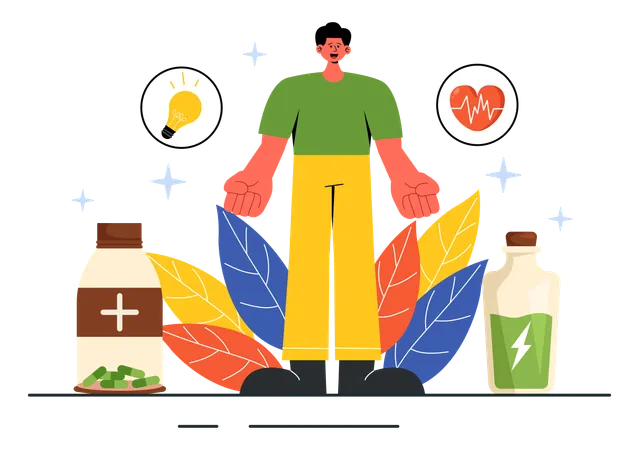 Man taking energy medicine for health benefits  Illustration