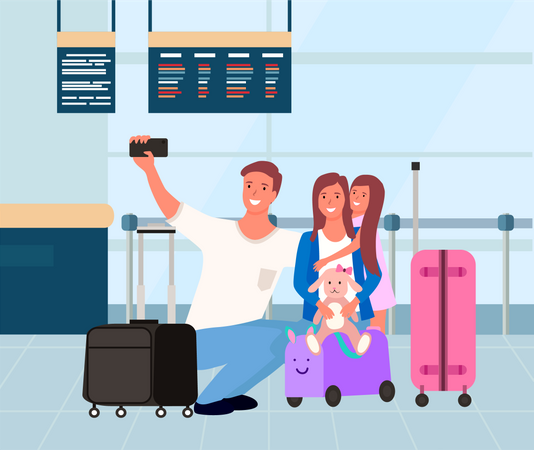 Man taking family selfie at airport  Illustration