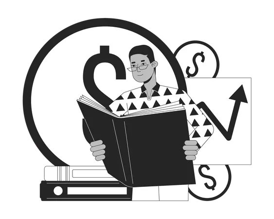 Man Reading Book Bw Concept Vector Spot Illustration Man Reading Bookkeeping Book Finance Management 2 D Cartoon Flat Line Monochromatic On White For Web UI Design Editable Isolated Color Hero Image Illustration
