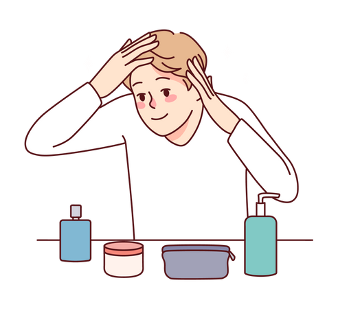 Man taking good care of face using different cosmetic products  Illustration