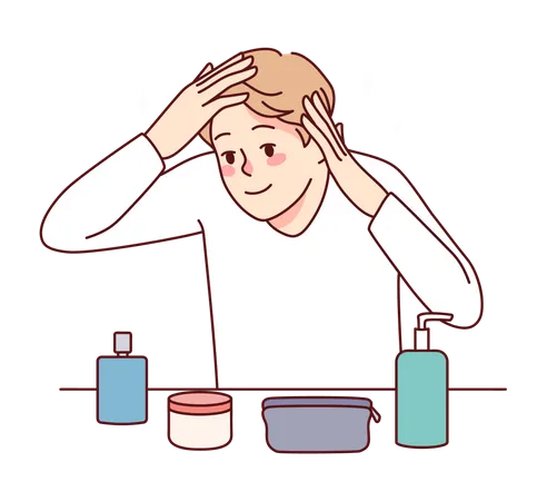Man taking good care of face using different cosmetic products  Illustration