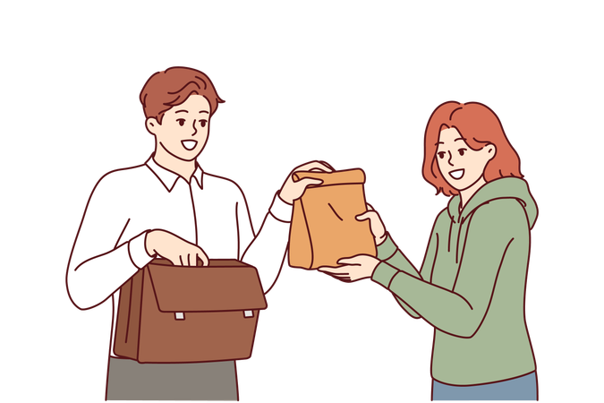 Man taking home-made lunch to work from hands of loving wife caring for husband  Illustration