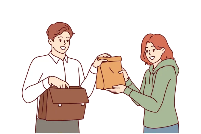 Man taking home-made lunch to work from hands of loving wife caring for husband  Illustration