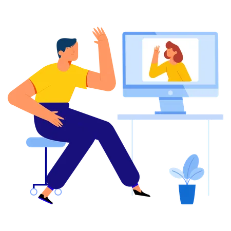 Man taking on video chat with woman  Illustration