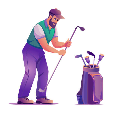 Man taking out club from golf kit  Illustration