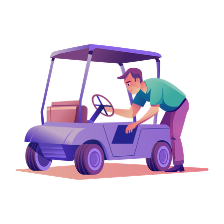 Man taking out things from golf cart  Illustration