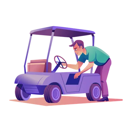 Man taking out things from golf cart  Illustration