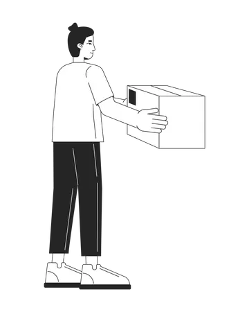 Caucasian Man Taking Parcel Flat Line Black White Vector Character Editable Outline Full Body Person Express Delivery Simple Cartoon Isolated Spot Illustration For Web Graphic Design Illustration