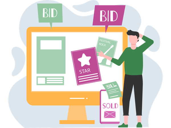 Man taking part in online Auction  Illustration