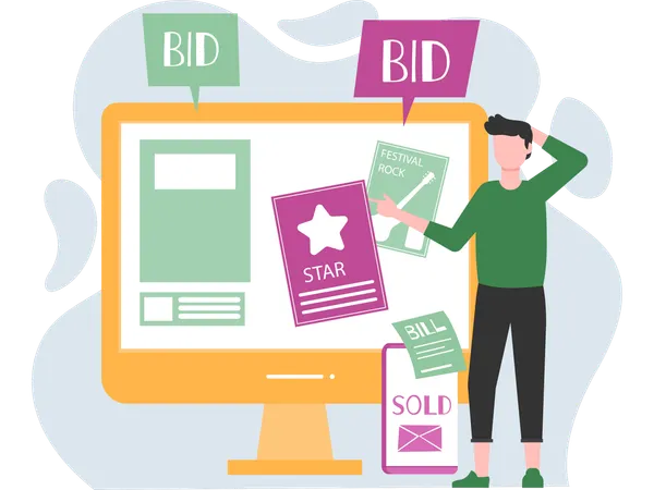 Man taking part in online Auction  Illustration