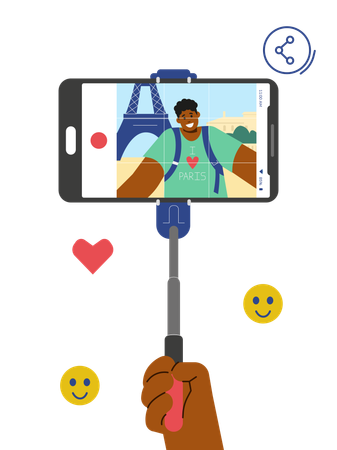 Man taking photo in front of Eiffel tower in Paris  Illustration