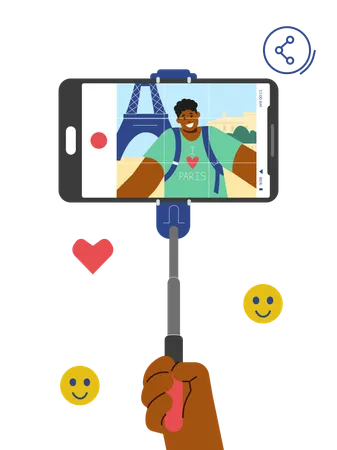 Man taking photo in front of Eiffel tower in Paris  Illustration