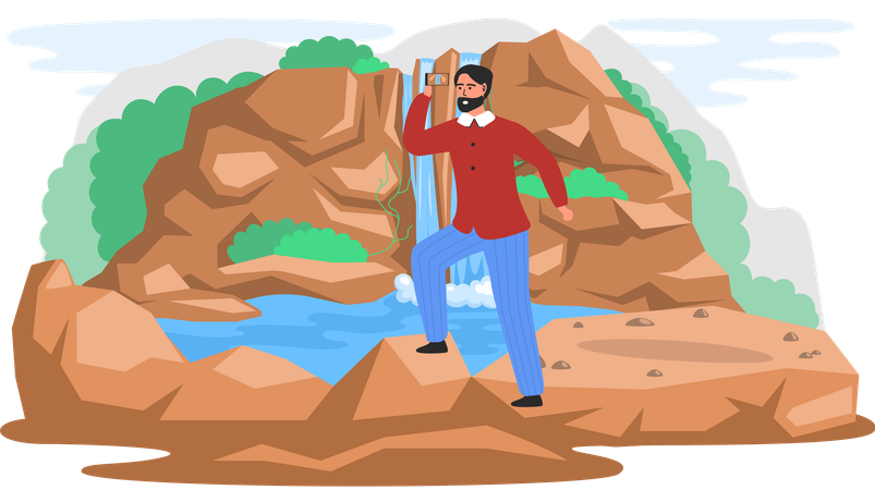 Man taking photo stands next to Waterfall in mountaines natural landscape in park on Jeju island  Illustration