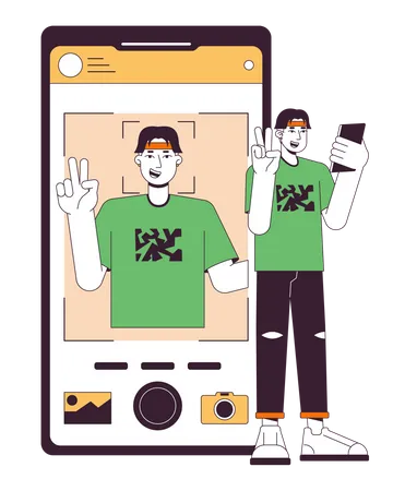 Man Taking Picture Flat Line Concept Vector Spot Illustration Selfie On Front Camera Man Doing V Sign 2 D Cartoon Outline Character On White For Web UI Design Editable Isolated Color Hero Image イラスト
