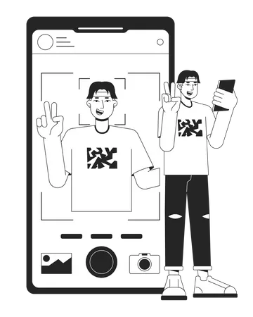 Man Taking Picture Bw Concept Vector Spot Illustration Selfie On Front Camera Man Doing V Sign 2 D Cartoon Flat Line Monochromatic Character For Web UI Design Editable Isolated Outline Hero Image イラスト