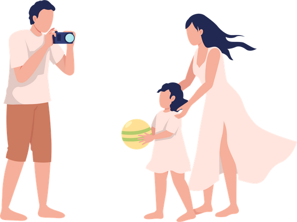 Man taking picture of daughter and wife  Illustration