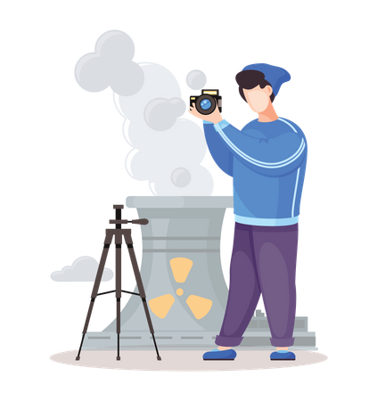 Man Taking Pictures of nuclear plant  イラスト