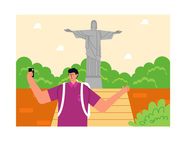 Man taking selfie at Christ the Redeemer  イラスト