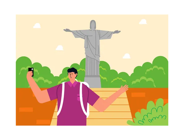 Man taking selfie at Christ the Redeemer  イラスト
