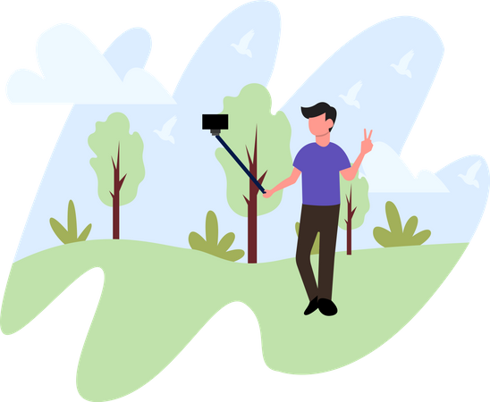 Man taking selfie on adventure trip  Illustration