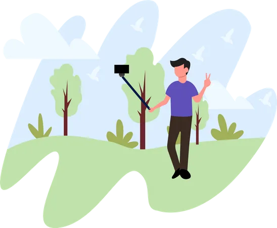 Man taking selfie on adventure trip  Illustration