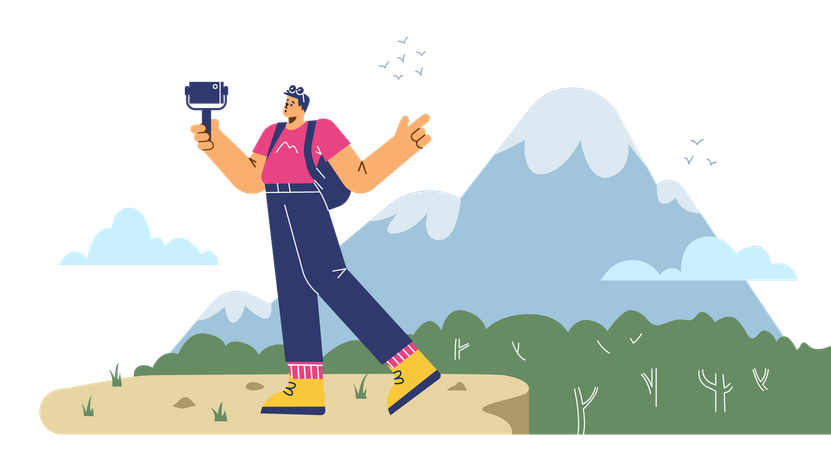 Man taking selfie on cliff of mountains and trees  Illustration