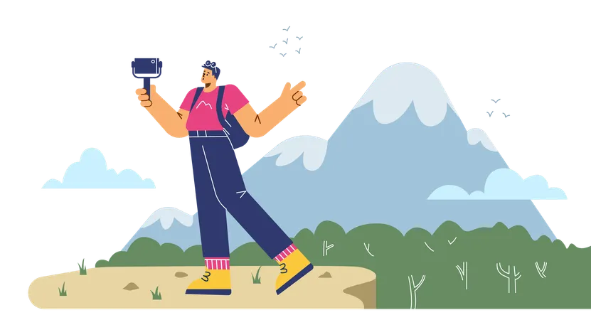 Man taking selfie on cliff of mountains and trees  Illustration