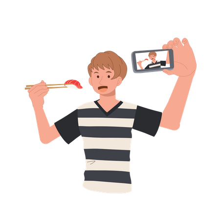 Man taking selfie with food  Illustration
