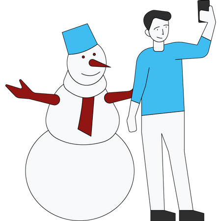 Man taking selfie with snowman  イラスト
