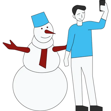 Man taking selfie with snowman  Illustration