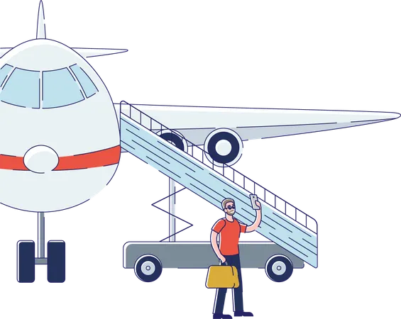 Man taking selfie with the airplane before boarding plane Illustration