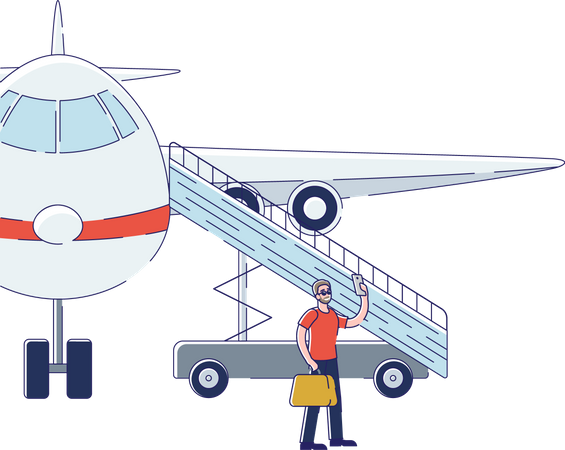 Man taking selfie with the airplane before boarding plane  Illustration