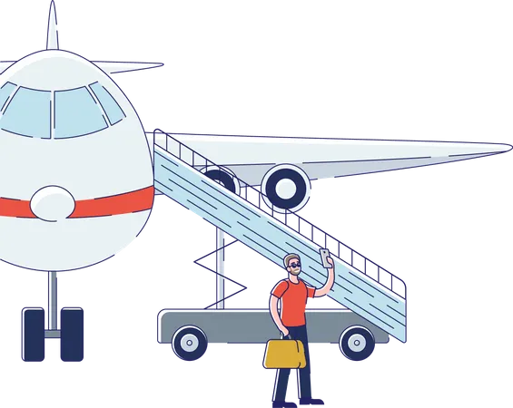 Man taking selfie with the airplane before boarding plane  Illustration