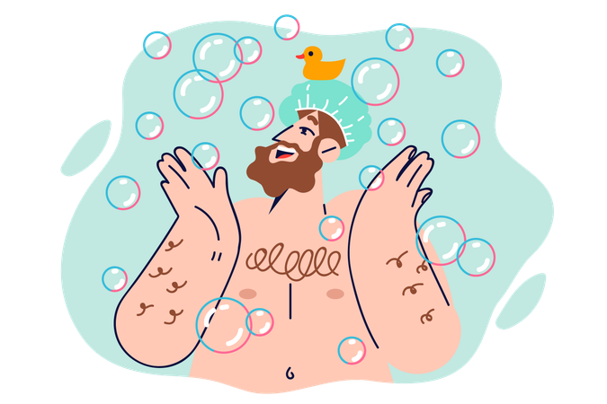 Man taking shower stands among soap bubbles  イラスト