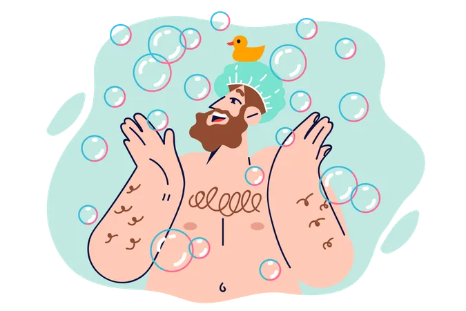 Naked Man Taking Shower Stands Among Soap Bubbles And Enjoys Relaxing Hygiene Procedures Funny Adult Guy Takes Shower In Transparent Cap With Rubber Duck On Head Rejoicing Like Child Illustration